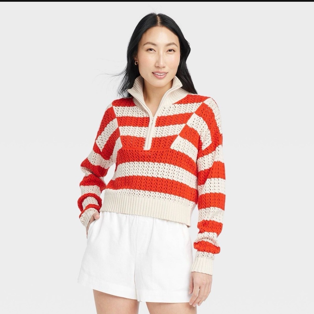 a new day red and cream stripe 1/4 zip cotton blend sweater boxy cropped